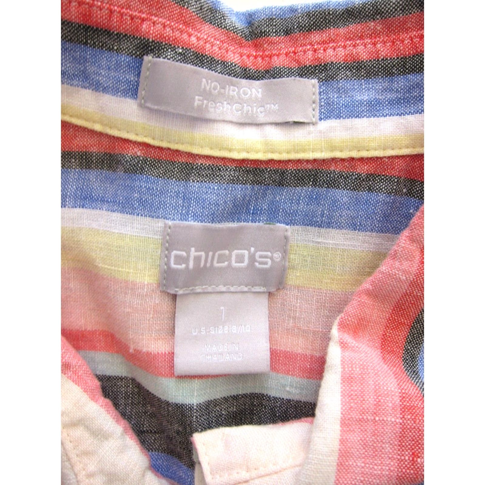Vintage Chico's 100% Linen Pink Green Yellow Stripe Sleeveless Collared Blouse 1 M/8 Size M / US 6-8 / IT 42-44 - 5 Thumbnail