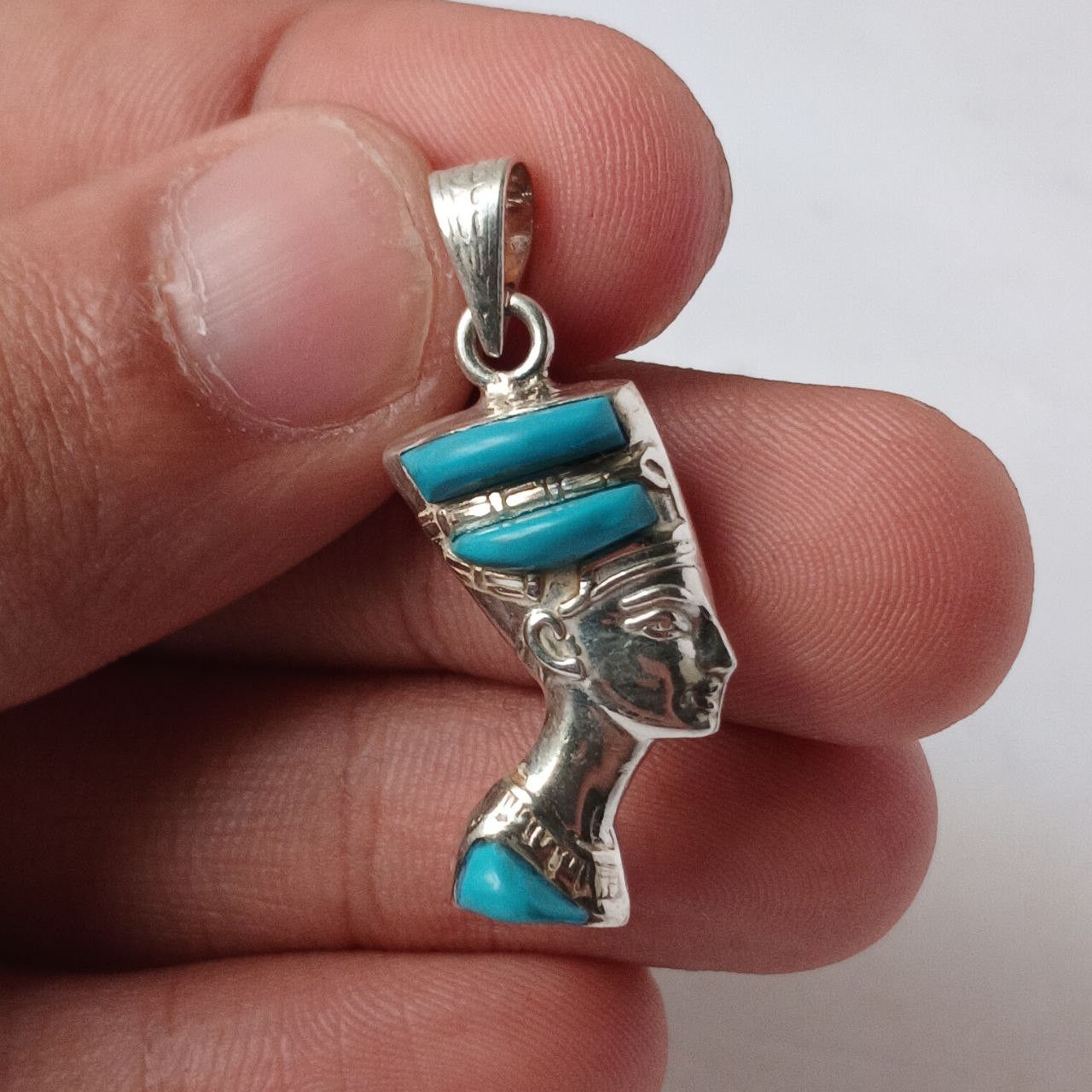 Sterling Silver 925 Silver Nefertiti Pendant with Lapis & Turquoise Egyptian Size ONE SIZE - 2 Thumbnail