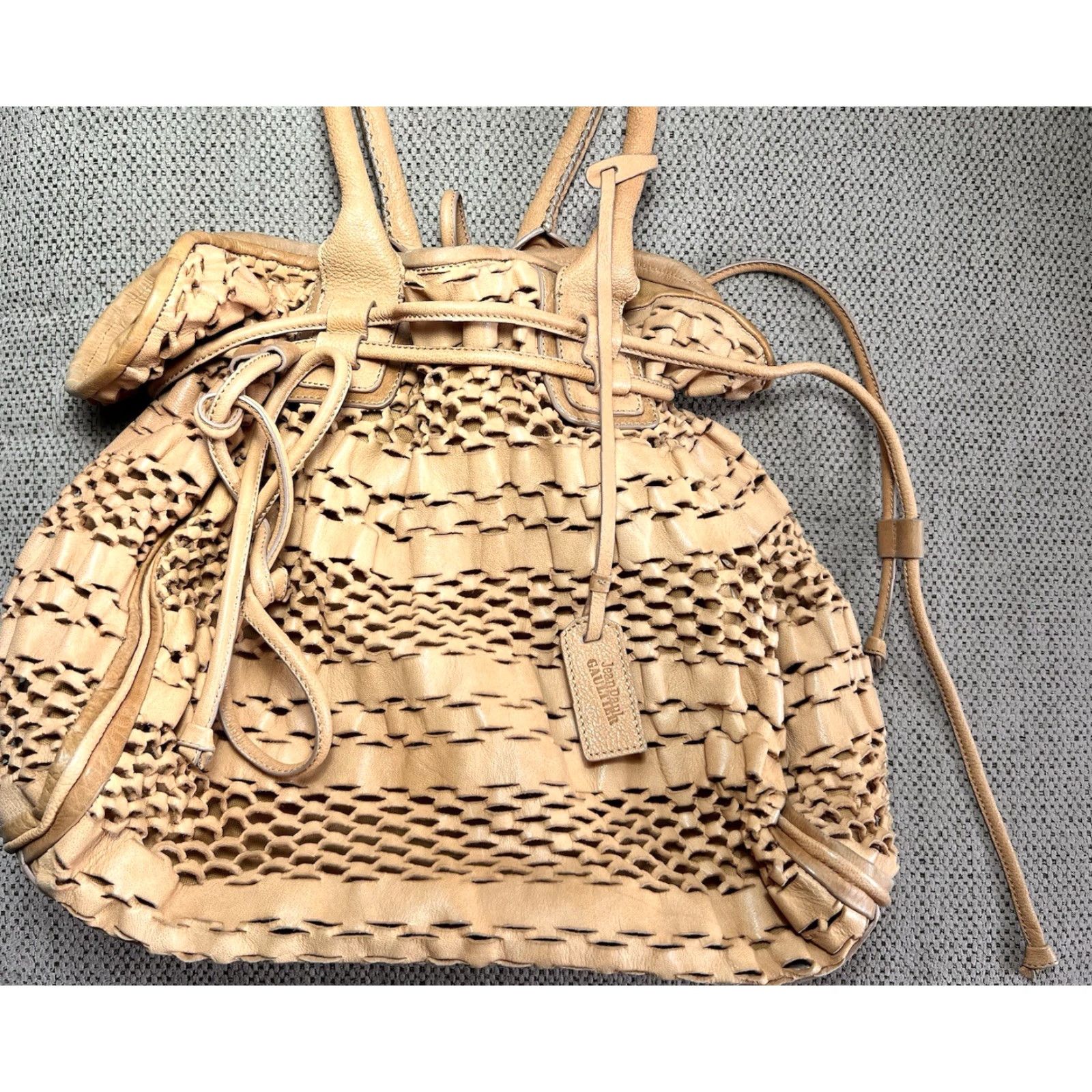 Jean Paul Gaultier NICE! Jean Paul Gaultier Tan Leather Netting Bucket Bag Shoulder Bag Women Large Beige Canvas Lining Bag Charm 14” tall 15” wide 5” deep 9” strap drop Size 36" / US 14 / IT 50 - 5 Thumbnail