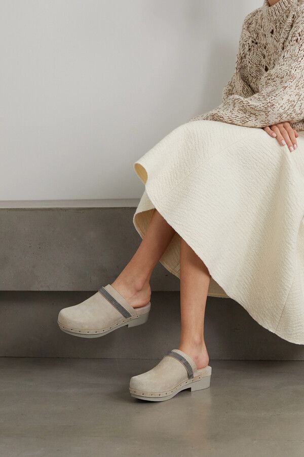 Brunello Cucinelli o1gr1nt0625 Monili Embroidered Suede Clogs in Beige Size US 6 / IT 36 - 2 Thumbnail