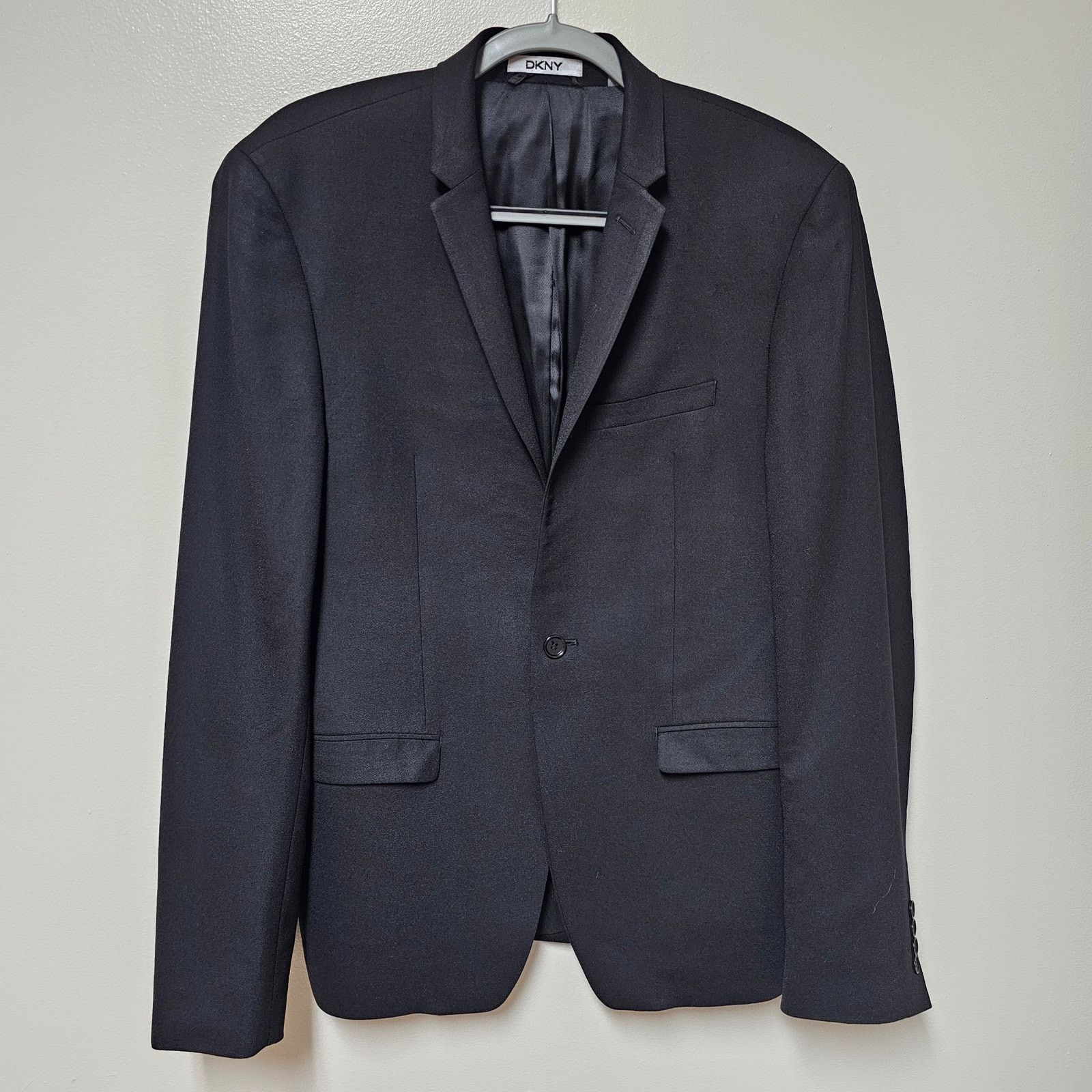 DKNY DKNY Mens One Button Notched Collar Black Wool Blazer sz 40R Size 40R - 2 Thumbnail