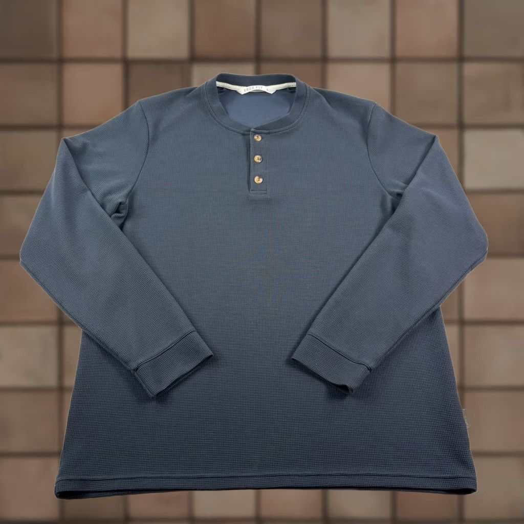 Vintage Free Fly Mens Sweatshirt Henley Blue L Waffle Knit Pullover Stretch Logo Shirt Size US L / EU 52-54 / 3 - 1 Thumbnail