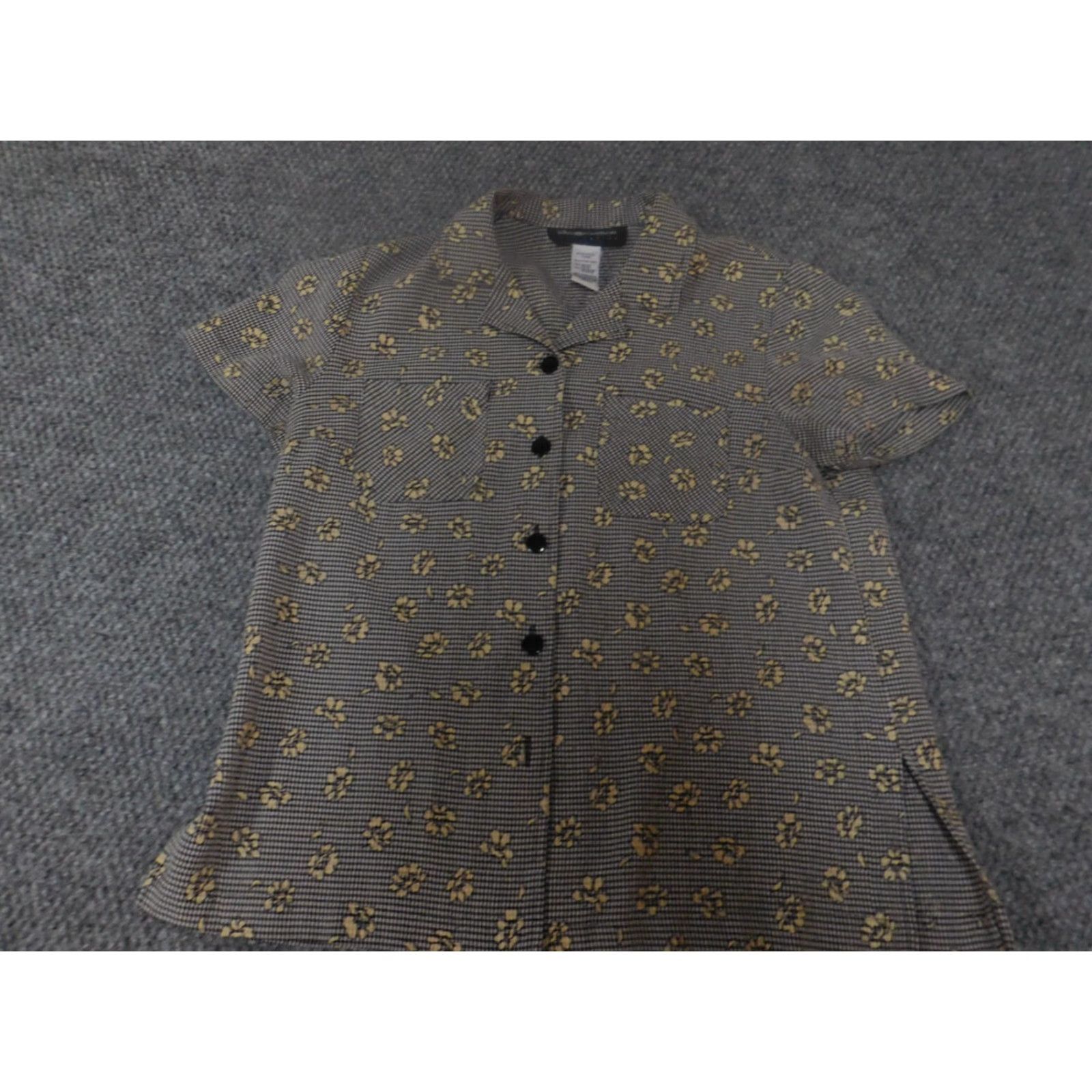 Vintage Sag Harbor Blouse Womens PXS Petites Gray Floral Button Down Cap Sleeve Crew Neck Ruffle Casual Classic - Pets? Size XS / US 0-2 / IT 36-38 - 2 Thumbnail