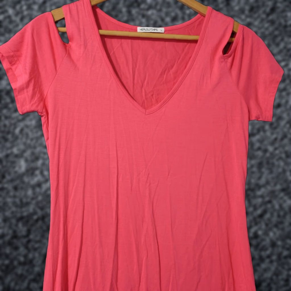 Pinko Herlollychips T-Shirt Womens L Hot Pink V-Neck Cold Shoulder Short Sleeve Nwot! Size 36" / US 14 / IT 50 - 1 Thumbnail