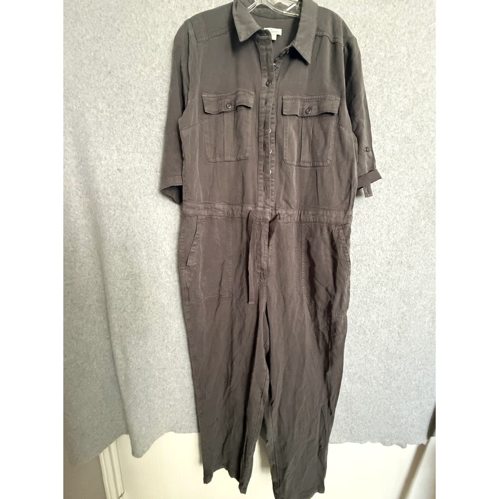 Vintage Sundance Jumpsuit Womens Petite Large Brown Twill Utility Button Front Tie Waist Size 36" / US 14 / IT 50 - 2 Thumbnail