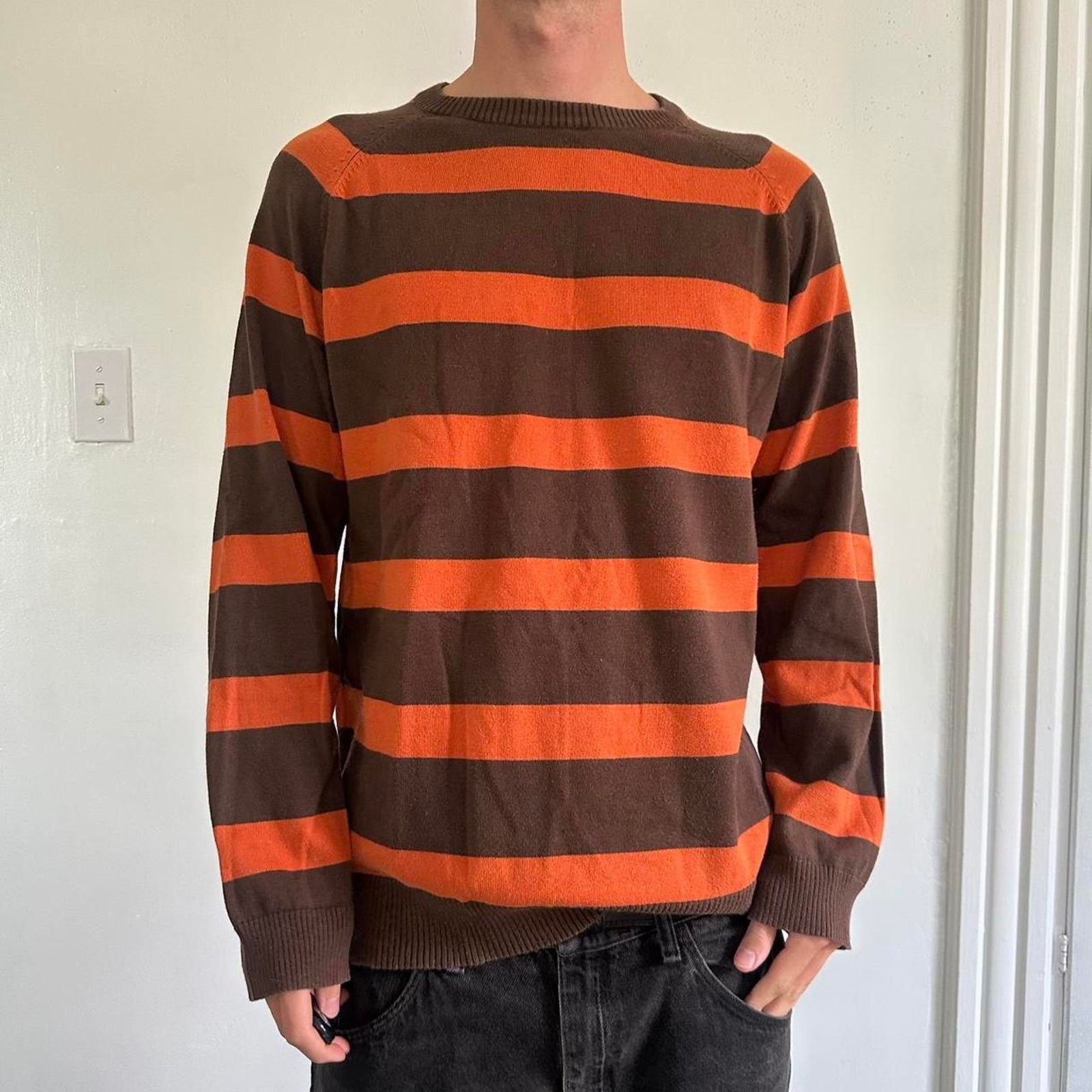 Vintage Vintage Y2K 00s Orange Brown Striped Basic Pullover Sweater Size US L / EU 52-54 / 3 - 3 Thumbnail