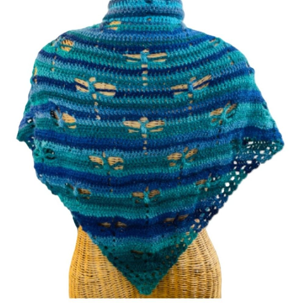 Handmade Crochet Shawl Cowl Wrap Dragonfly Cut Outs Blue Green 68" x Size ONE SIZE - 1 Thumbnail