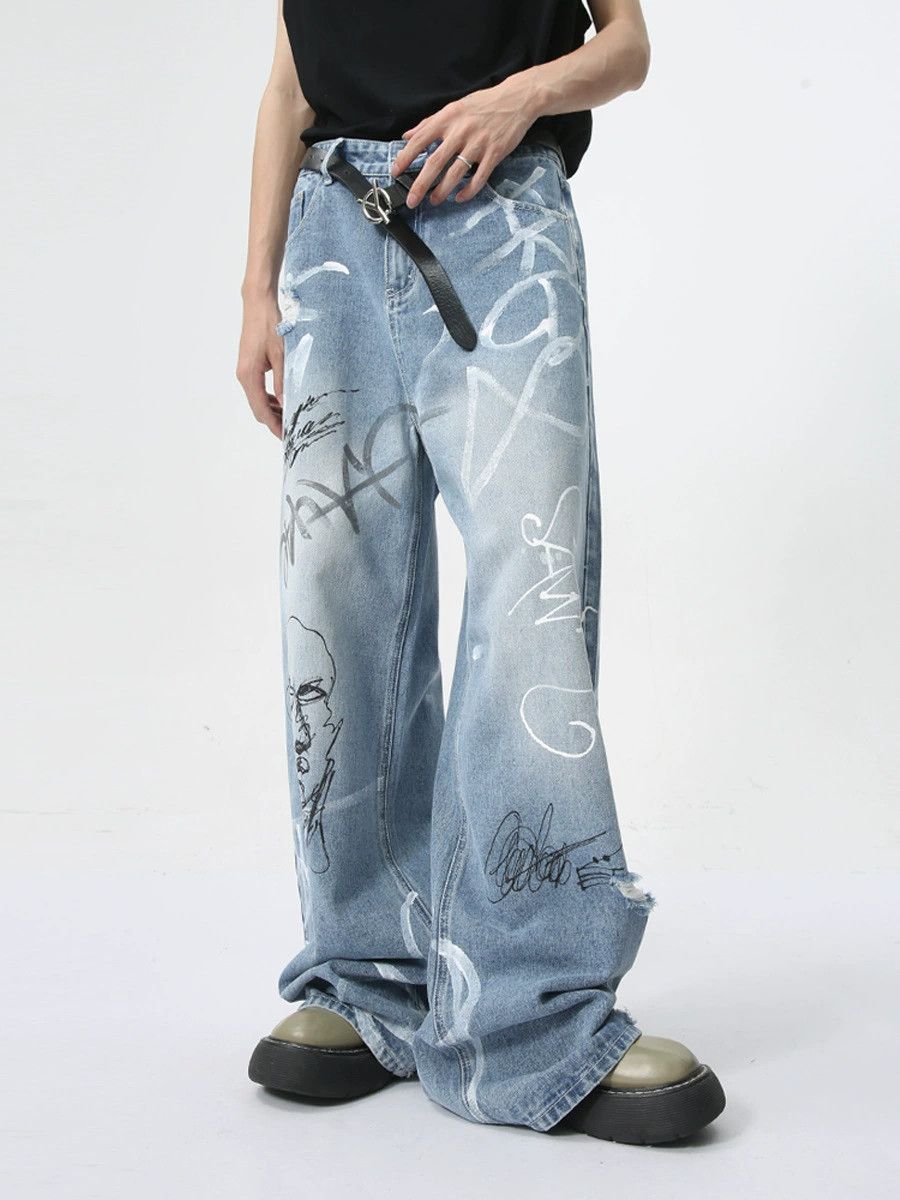 Jean American trendy street graffiti fun straight jeans Size US 32 / EU 48 - 3 Thumbnail