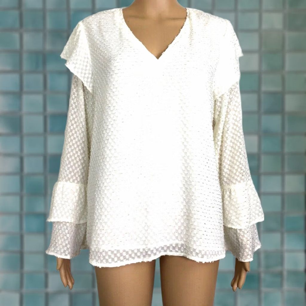 Vintage A New Day Blouse Womens M Ivory Long Sleeve Layered Bell V Neck Textured Lined Shirt Size M / US 6-8 / IT 42-44 - 1 Thumbnail
