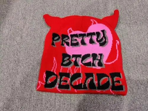 Other Devil Pretty Btch Decade Graphic No Cuff Knit Beanie Hat Red Size ONE SIZE - 1 Thumbnail