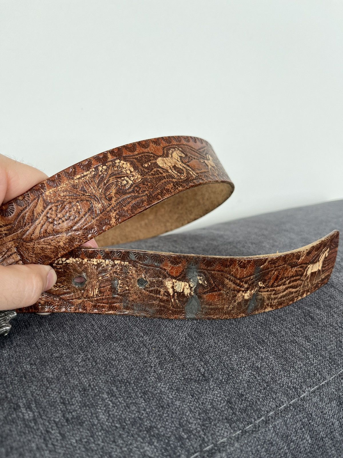Cowboy Equipment × Vintage 1990 Transide Dragon Designs Minotaur Buckle Leather Belt Size ONE SIZE - 9 Thumbnail