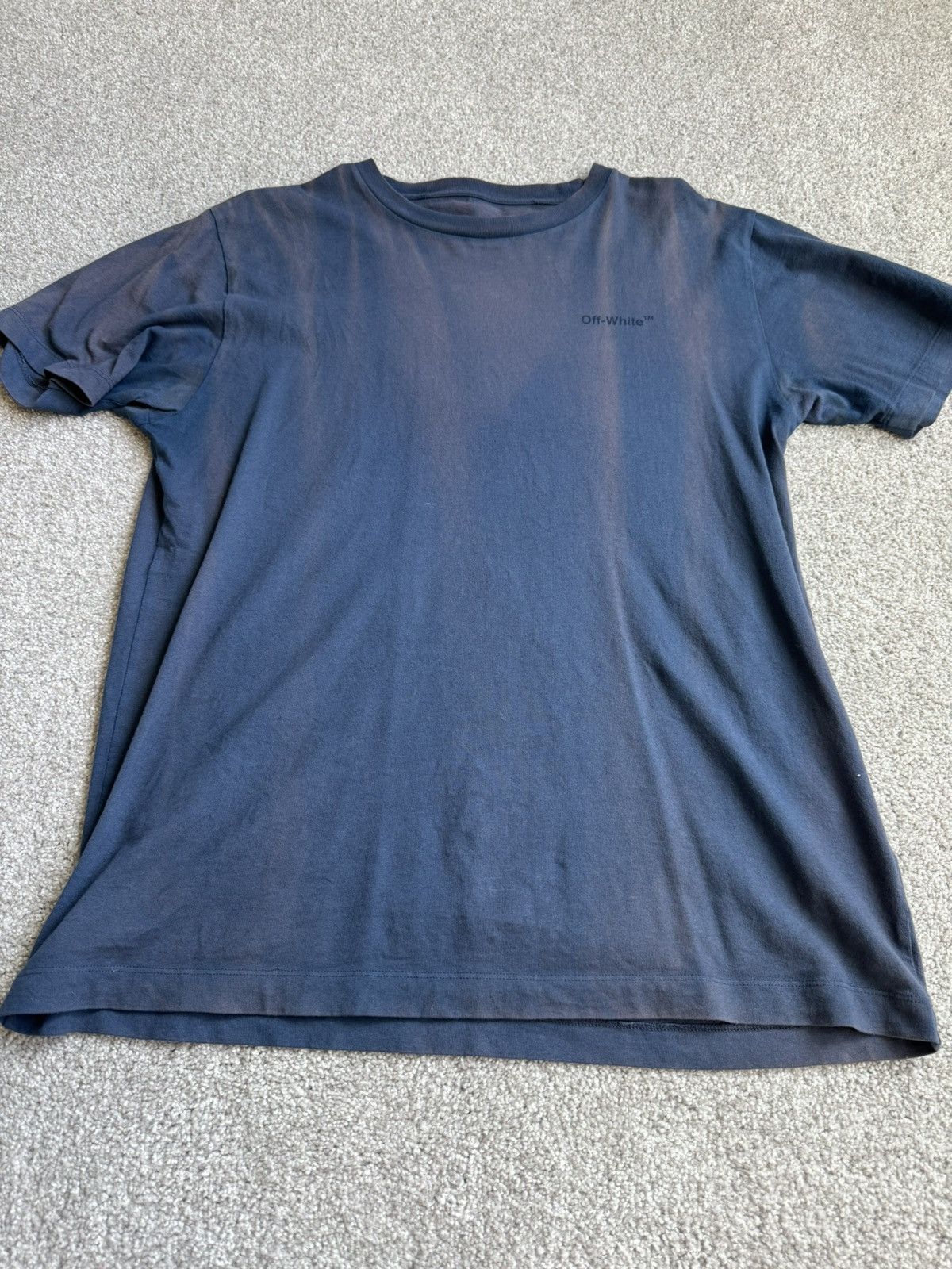 image of Off White Stripes Logo Print T Shirt in Blue, Men's (Size Medium)