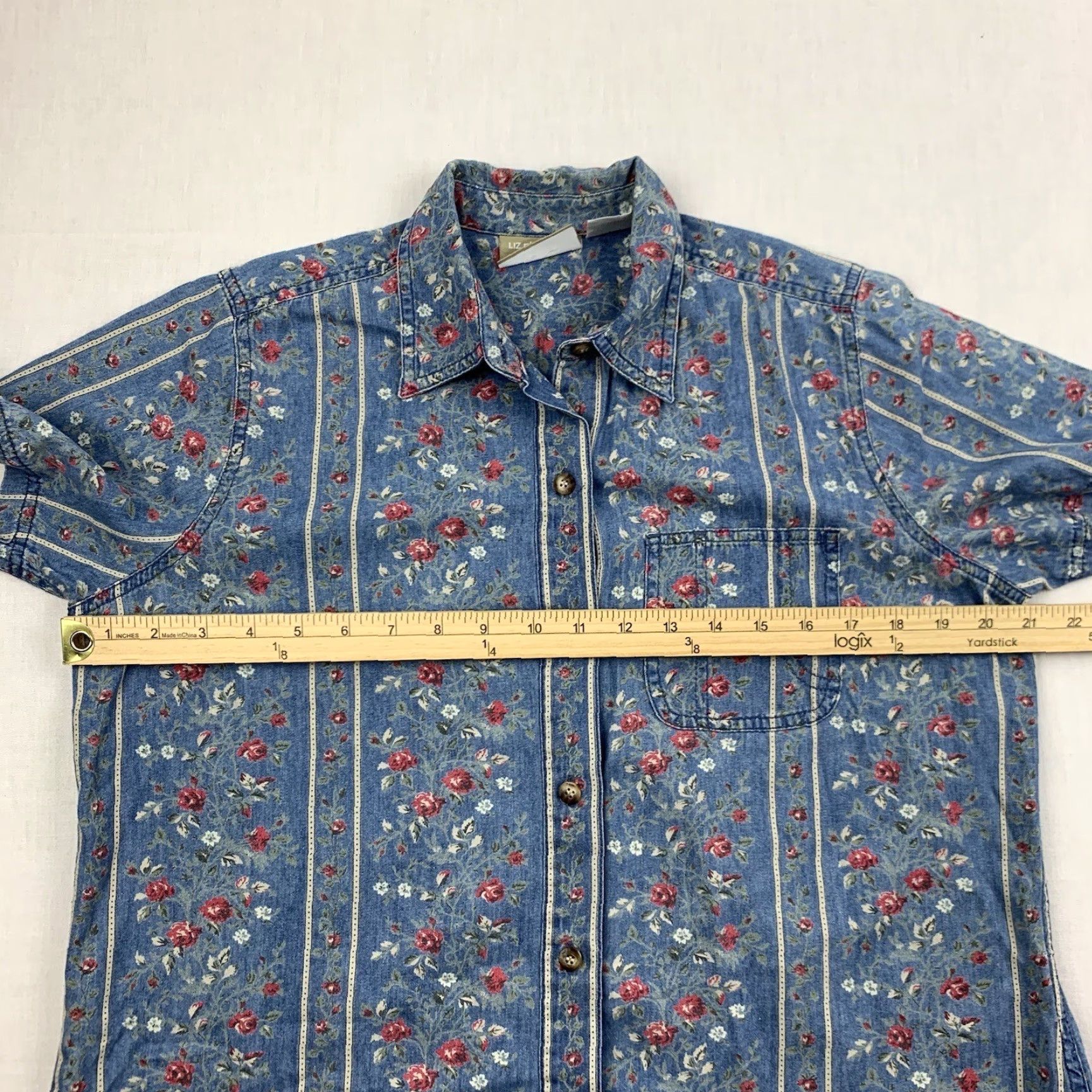 Liz Claiborne VINTAGE Liz Claiborne Women's Short Sleeve Button-Up Shirt Petite Medium Blue Floral 90s Y2K Size M / US 6-8 / IT 42-44 - 7 Thumbnail