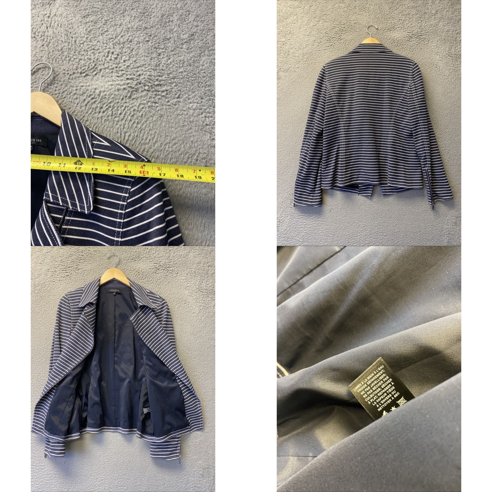 Vintage Lafayette 148 New York Jacket - Women - 10 - Blue Striped Moto Blazer - Full Zip - Viscose Twill - Workwear/Casual - Designer Size L / US 10 / IT 46 - 8 Thumbnail