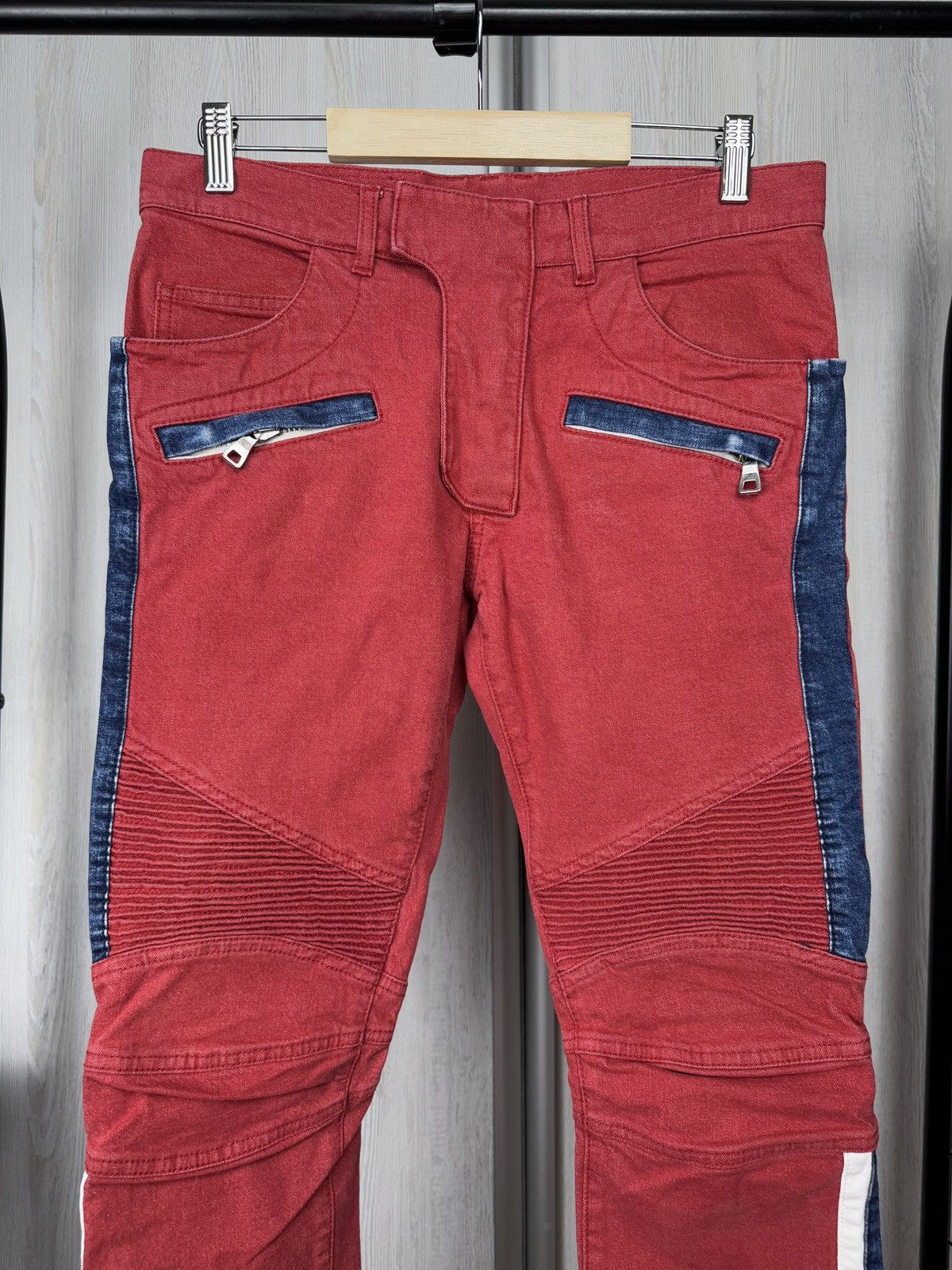 Balmain Balmain 15SS Men's Side Stripe Stretch Biker Red Denim Jeans Size US 29 - 4 Thumbnail