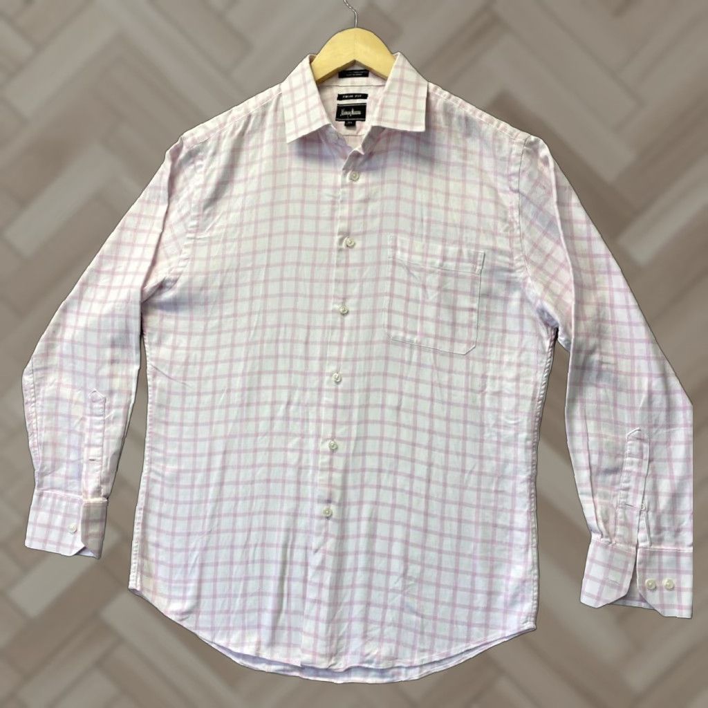 Neiman Marcus VINTAGE Neiman Marcus Dress Shirt Mens 15.5 Pink Check Long Sleeve Slim Fit Business Party Workwear Size US M / EU 48-50 / 2 - 1 Thumbnail