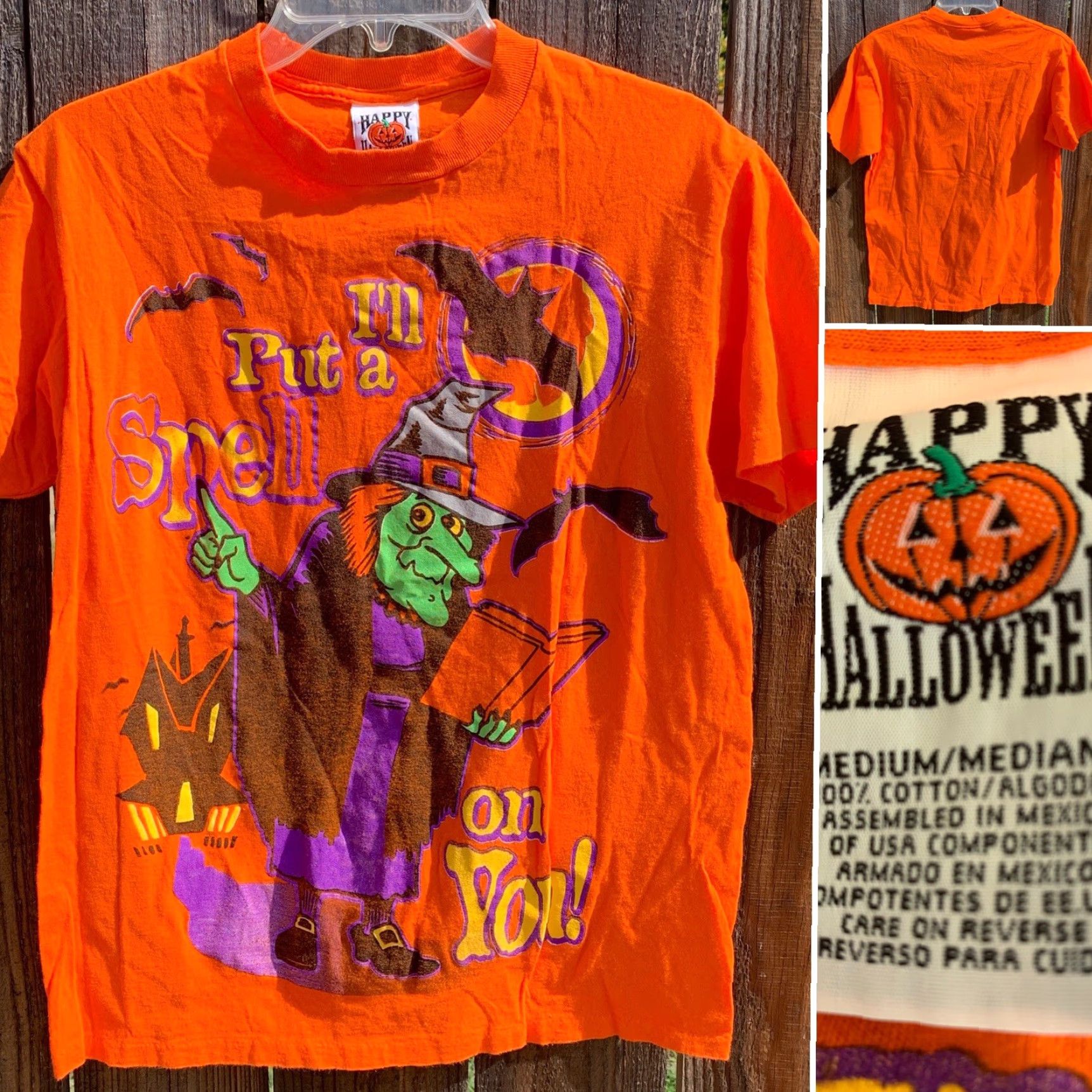 Spell VINTAGE Happy Halloween T-Shirt M 90s Orange Graphic Print Short Sleeve Crew Neck Men Redacted? Size US M / EU 48-50 / 2 - 4 Thumbnail