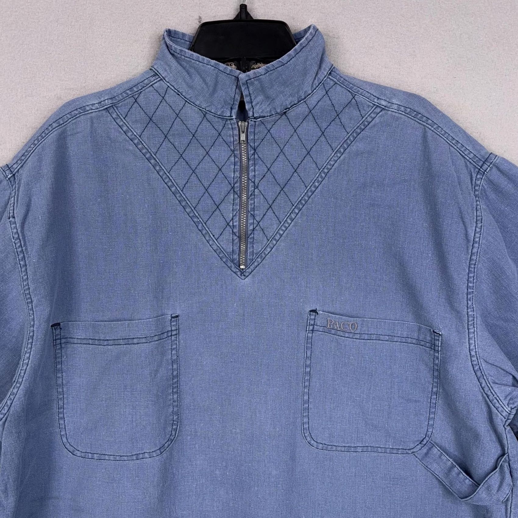 Vintage VINTAGE Paco Sports Shirt Mens Large Blue Chambray Mock Neck 90s Baggy Linen Cotton Zip Short Sleeve Size US L / EU 52-54 / 3 - 2 Thumbnail