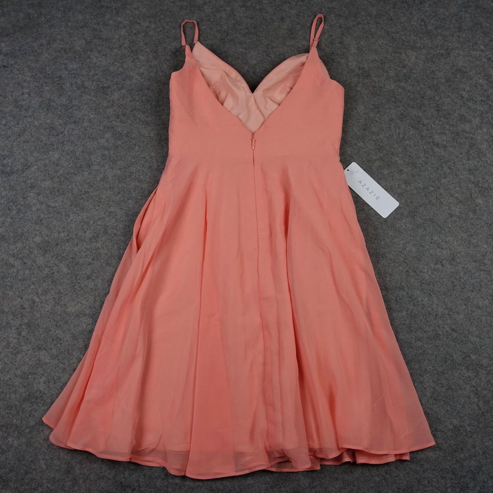 Vintage Azazie Dress Womens 6 Chiffon V-Neck A Line Knee Length Coral Pink Strap Sleeveless Zip Formal Wedding Party Couture Size M / US 6-8 / IT 42-44 - 5 Thumbnail