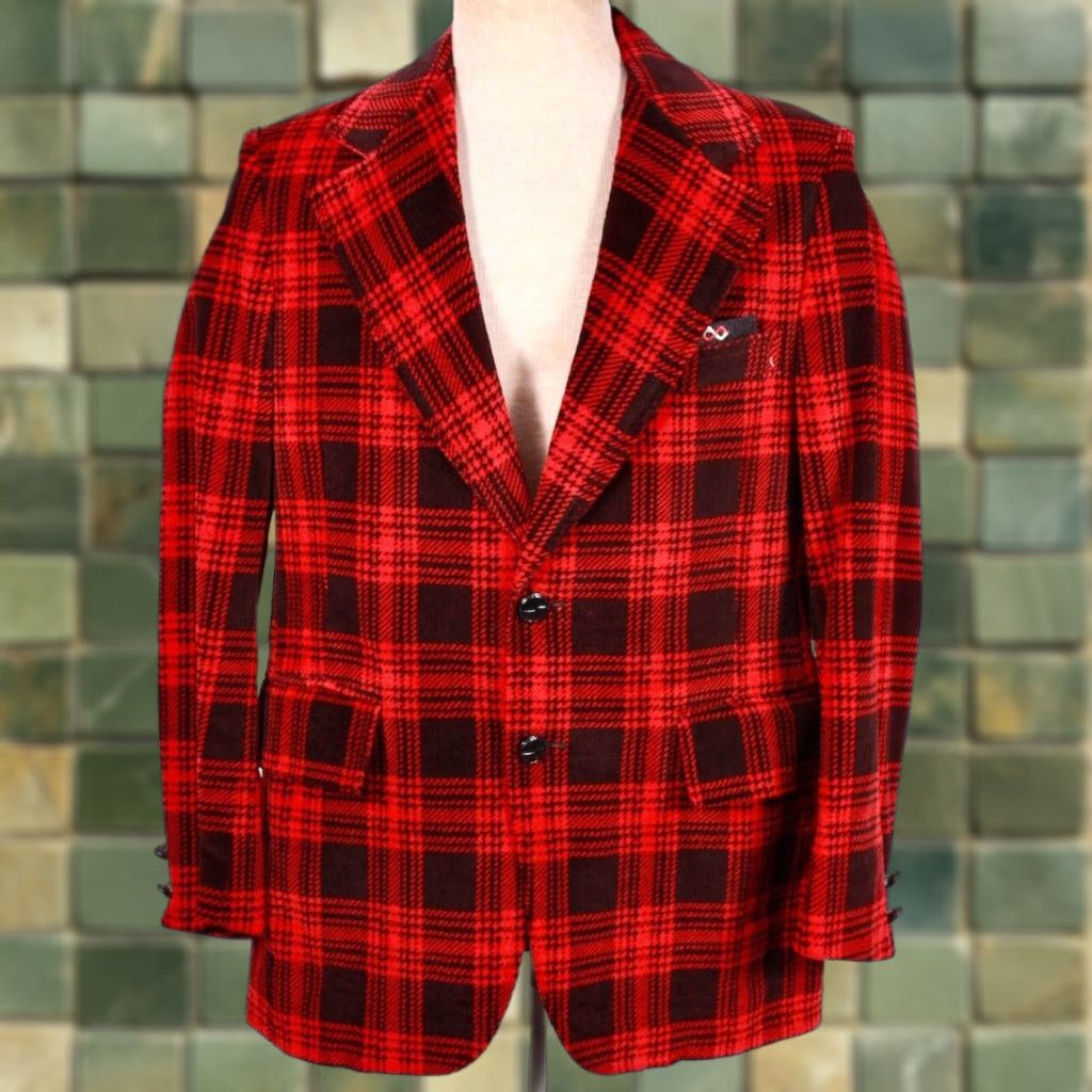 Velvet VTG John Alexander Blazer Mens M Velvet Red Plaid 60s 70s Jacket Blazer Size 40R - 1 Thumbnail