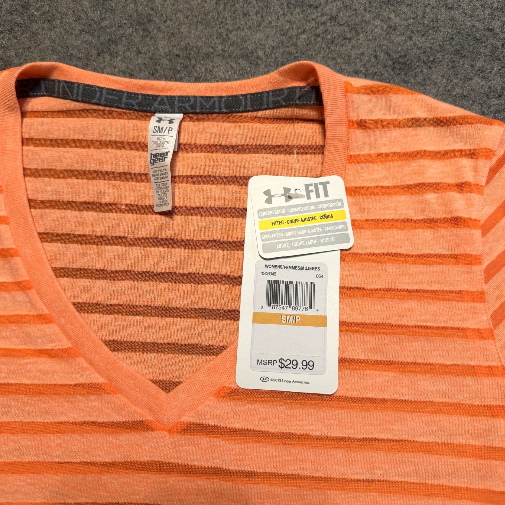 Under Armour Under Armour Shirt Women's Fitted T-Shirt S Orange Stripe Charged Cotton Heatgear Semi-Sheer V-Neck Short Sleeve Yoga Running Gym Training 90s Y2K Size S / US 4 / IT 40 - 5 Thumbnail