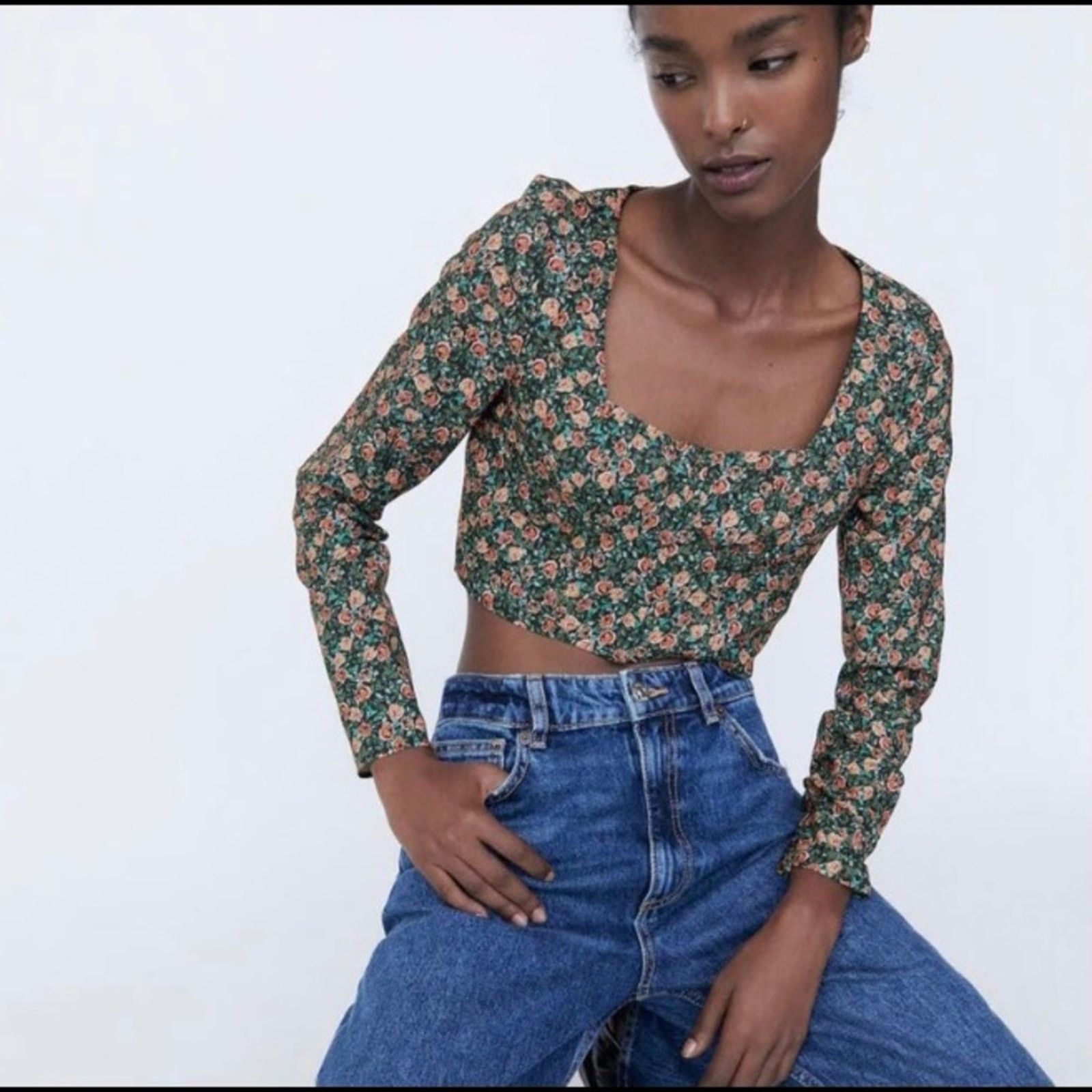 Zara Zara floral detail long sleeve corset crop top size Small Size S / US 4 / IT 40 - 5 Thumbnail