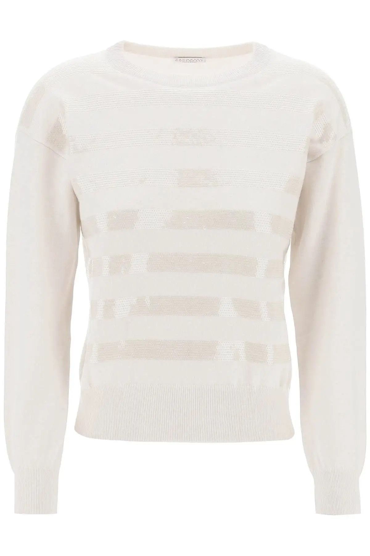 image of Brunello Cucinelli O1S22I1N0424 Cashmere Dazzling Stripes Pullover In White, Women's (Size Medium)