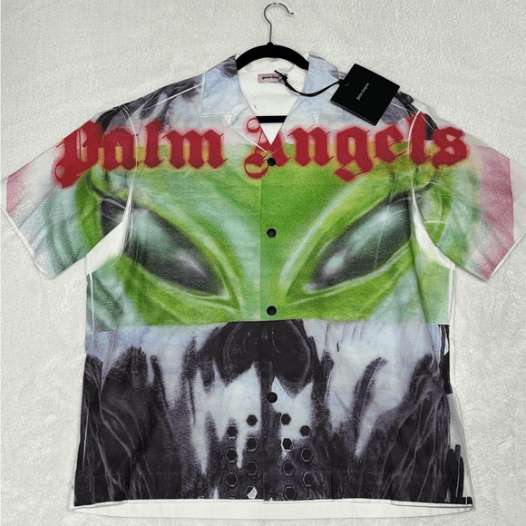 image of Palm Angels Alien-Print Cotton Bowling Shirt Buttonwhite Mul, Men's (Size Small)