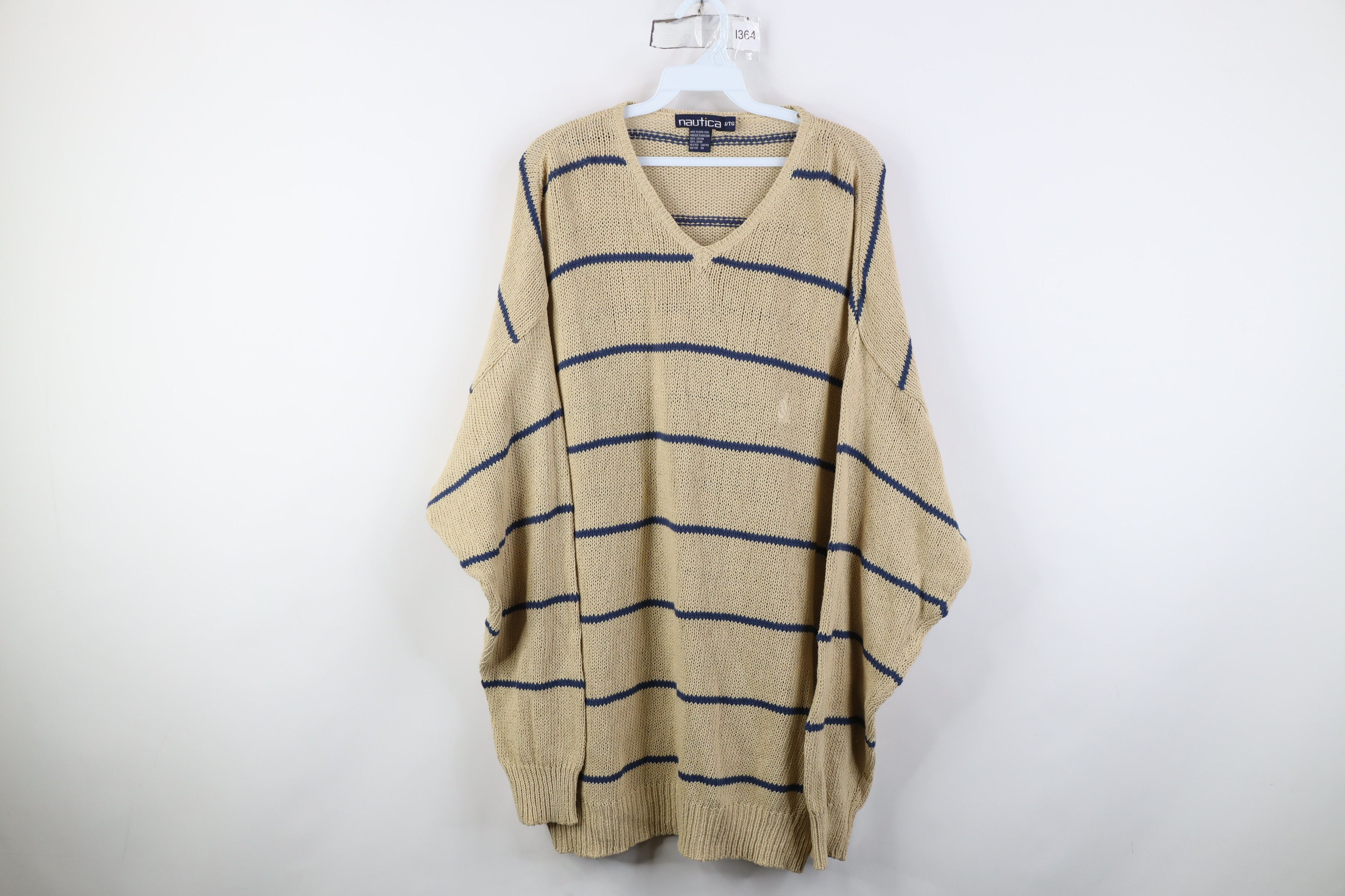 Vintage 90s Nautica Cotton Knit Striped V-Neck Sweater Beige