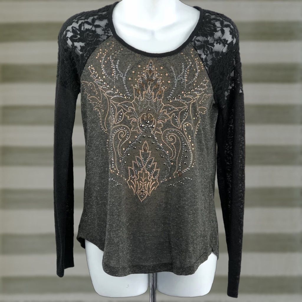 Miss Me VINTAGE Miss Me Jersey Top S Womens Black Grey Beaded Lace Cut Out Y2K Steampunk Grunge Shirt Size S / US 4 / IT 40 - 1 Thumbnail