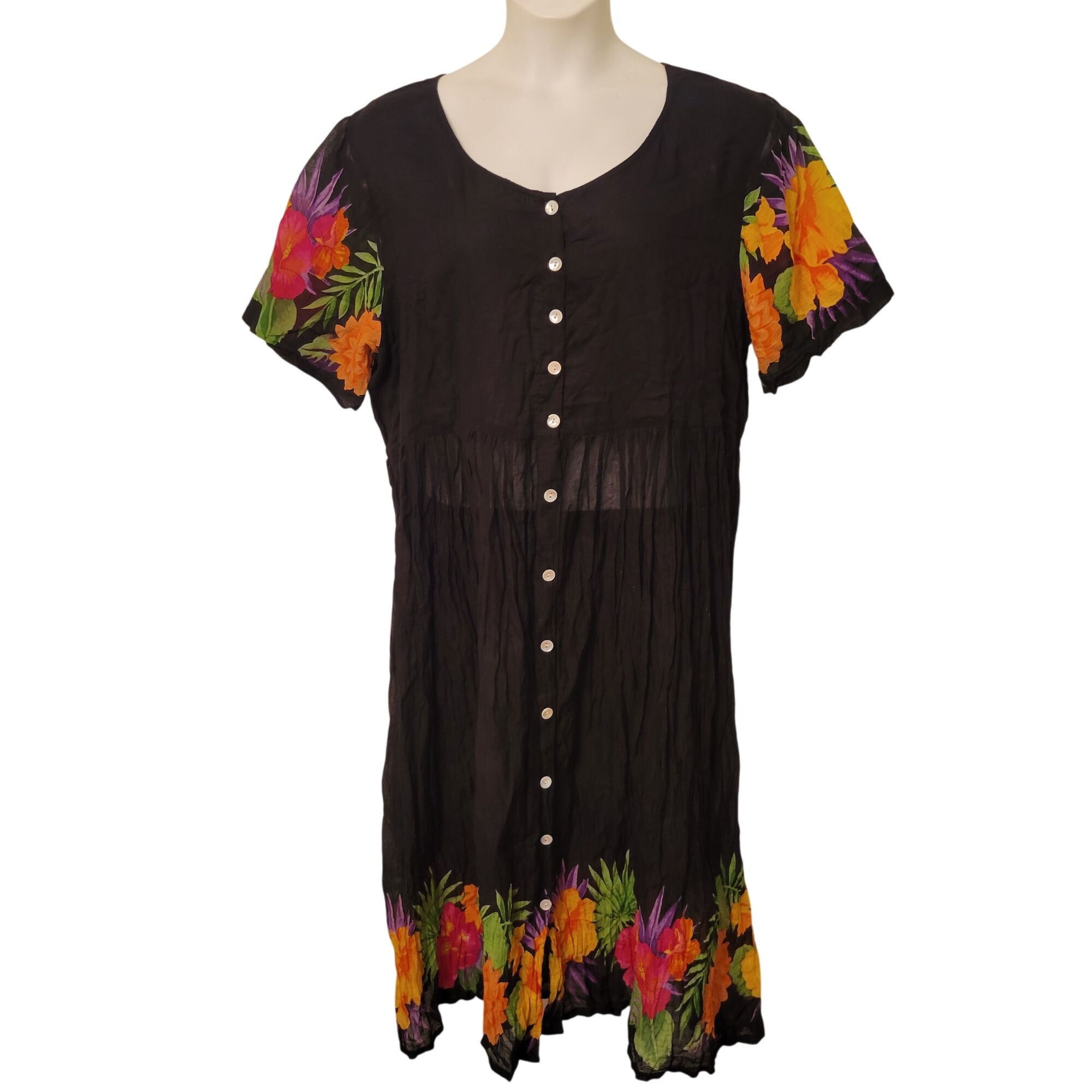 Vintage La Cera 2X Black Floral Short Sleeve Button Front Dress Cott Size XXL / US 16-18 / IT 52-54 - 1 Thumbnail