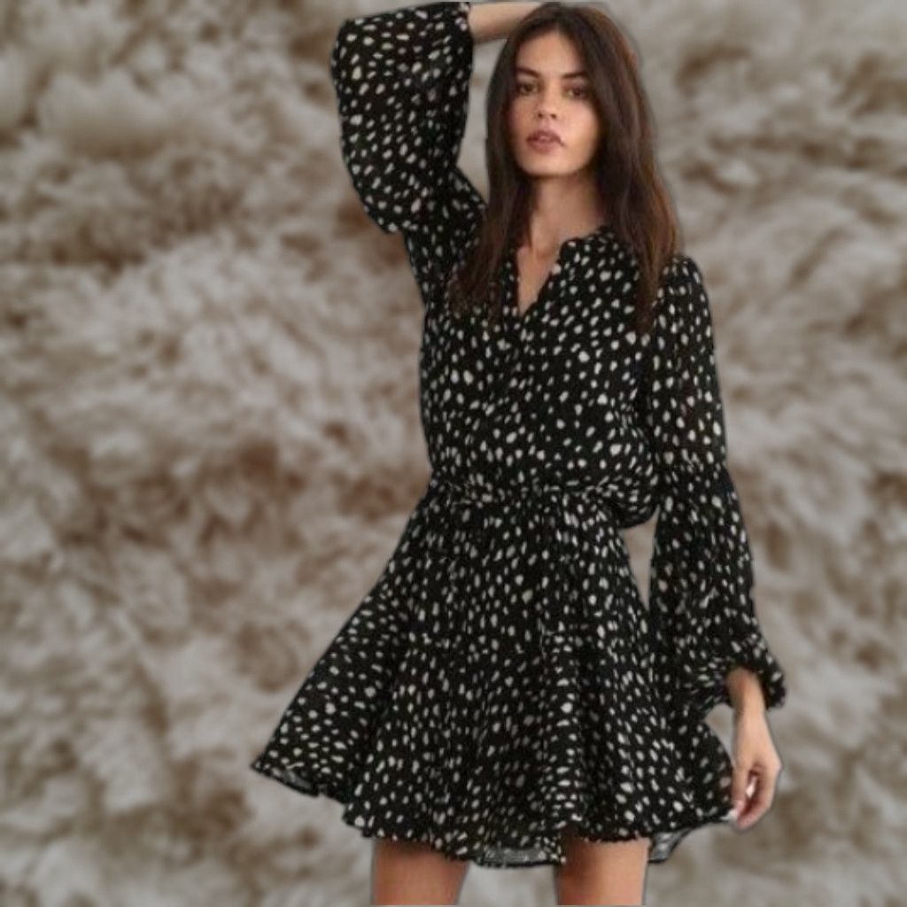 Anthropologie By Together S Mini Dress Polka Dot Long Sleeve V-Neck Black Swing Dress Adults Womens
