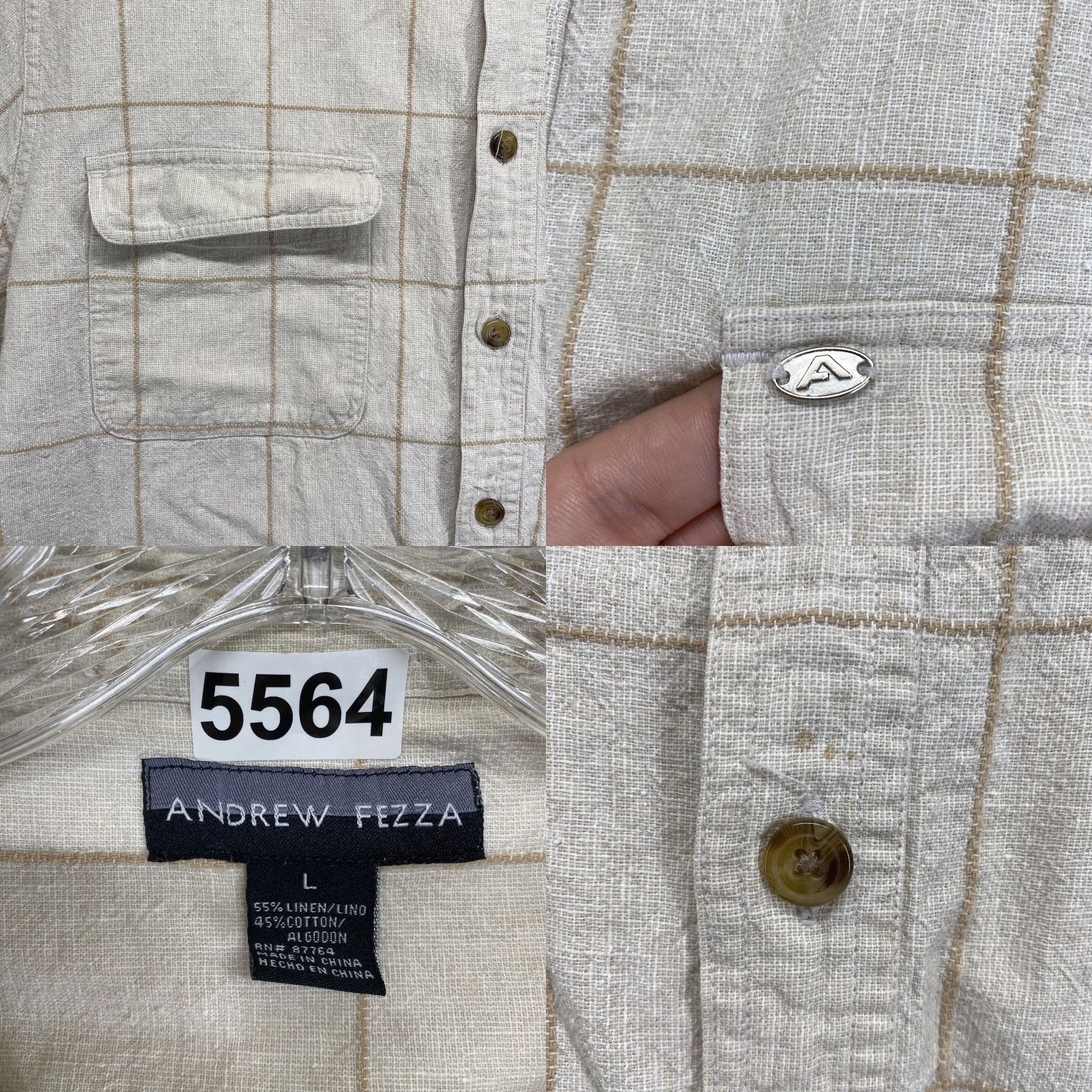 Vintage VINTAGE Andrew Fezza Men's Short Sleeve Button-Down Shirt Woven Linen Blend Checkered Summer Vacation L Beige Size US L / EU 52-54 / 3 - 8 Thumbnail