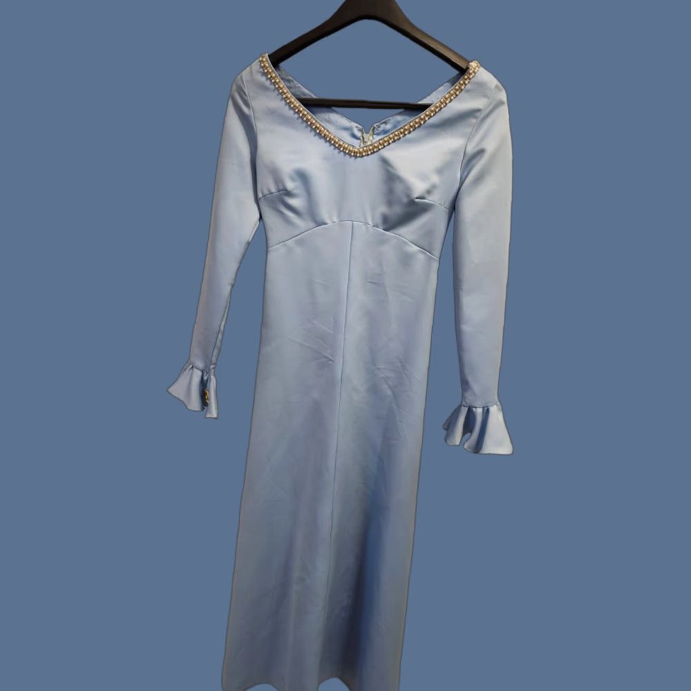 Bell VINTAGE Evening Custom Dress – Size Medium – Light Blue – Bell Sleeves – Pearl Accent – 1970s Women’s/Adult Fashion Size S / US 4 / IT 40 - 1 Thumbnail
