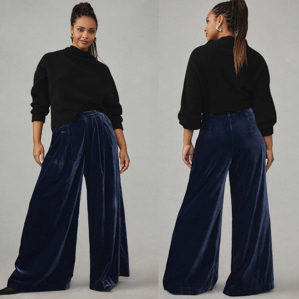 NWT New $158 Anthropologie Maeve Velvet Avery Navy Wide Leg