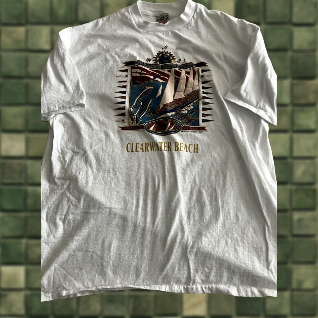 Hanes VINTAGE 90s Clearwater Beach Shirt Mens 2XL White Short Sleeve Crew Neck Sailboat Dolphins Embroidered T-Shirt Hanes Mens Size US XXL / EU 58 / 5 - 1 Thumbnail