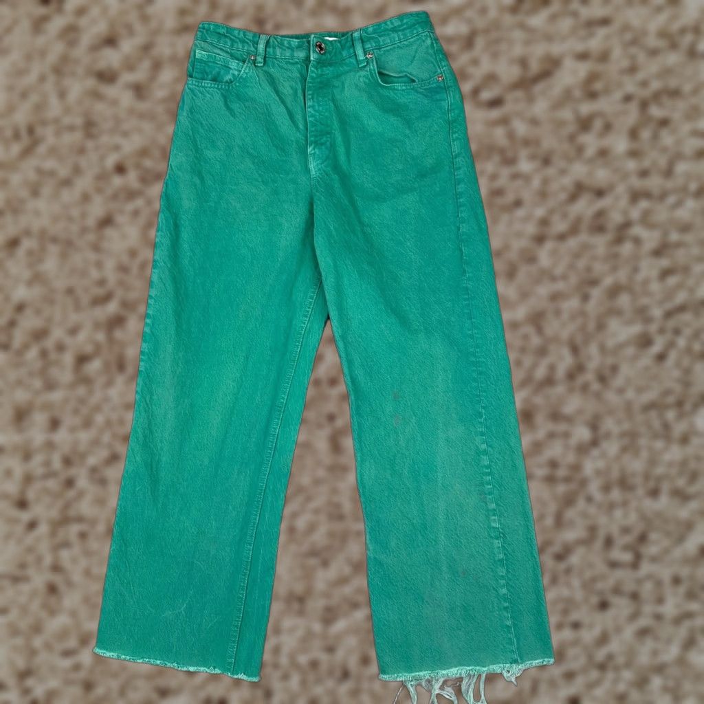 Zara Zara Jeans Womens 8 Green Denim Wide Leg High Rise 29x27 Cotton Blend 29x27 Vintage No | Button Zip | 5-Pocket | Distressed Theme Grunge Size 30" / US 8 / IT 44 - 1 Thumbnail