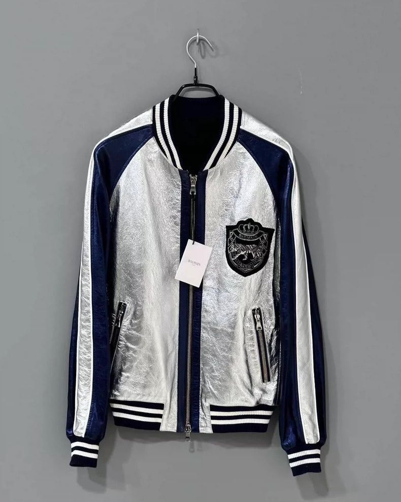 Balmain Silvery Bomber Jacket with Navy Accents- Size US L / EU 52-54 / 3 - 1 Thumbnail