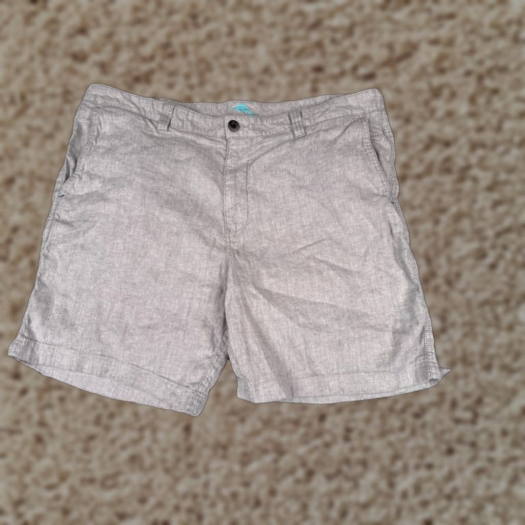 Tommy Bahama Shorts Mens 40 Gray Linen Cotton Blend Chino Beach Resort Vacation Casual Pockets Logo Zip Quick Dry LightDec 90s?