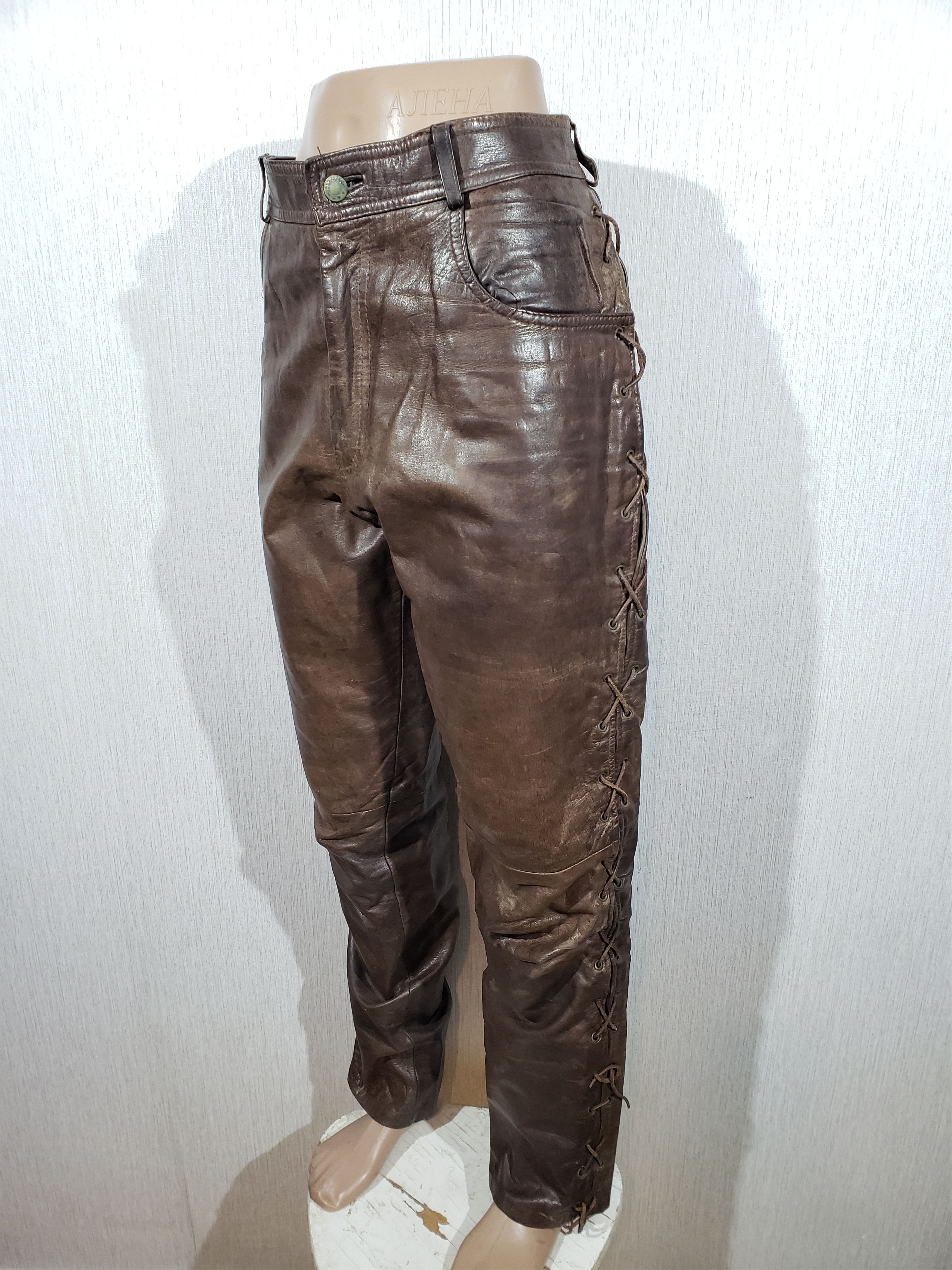 Genuine Leather Brown leather pants with decorative lacing. Size US 33 - 1 Thumbnail