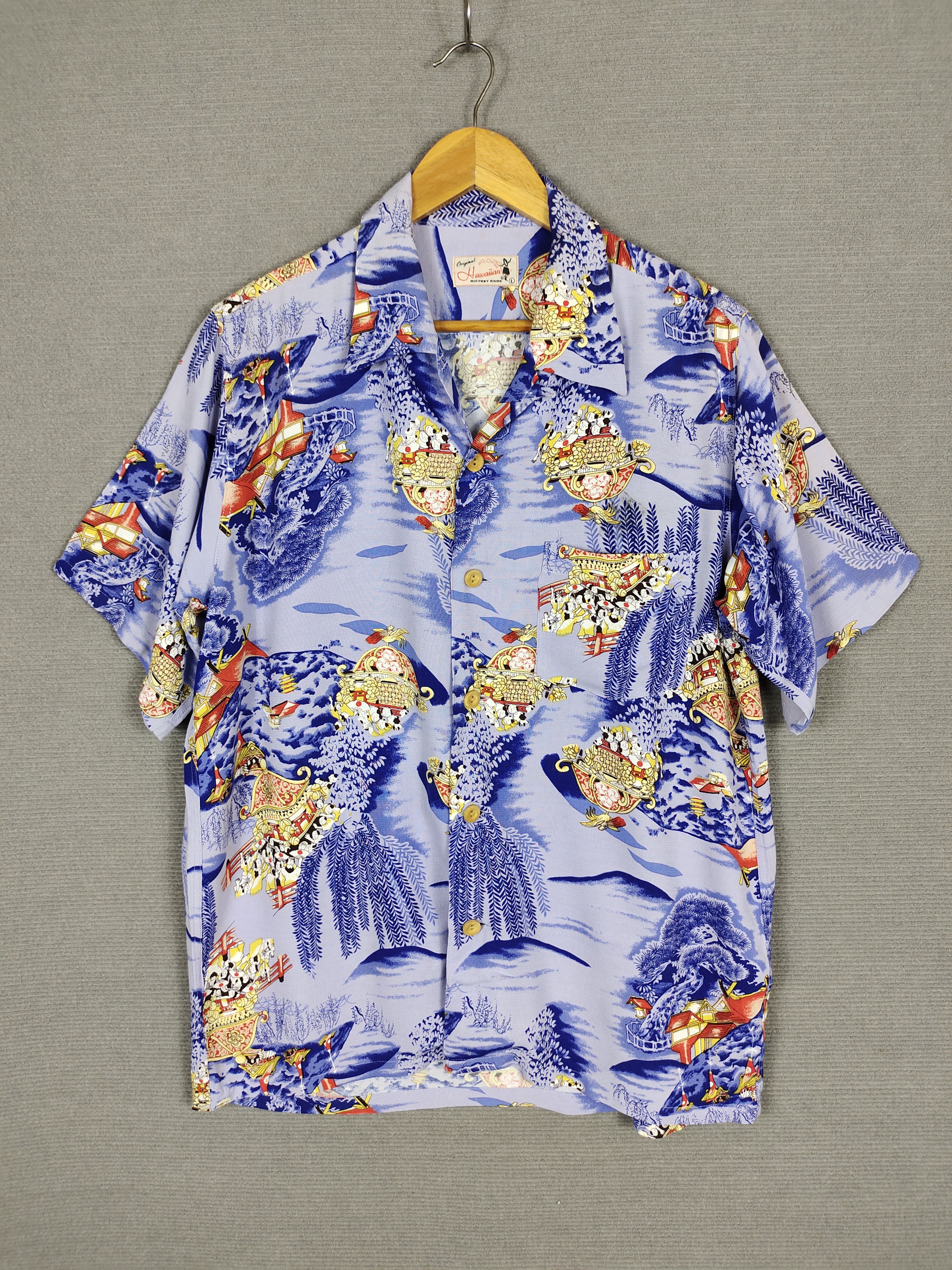 Japanese Hawaiian History Book Pagoda Rayon Crepe Shirt