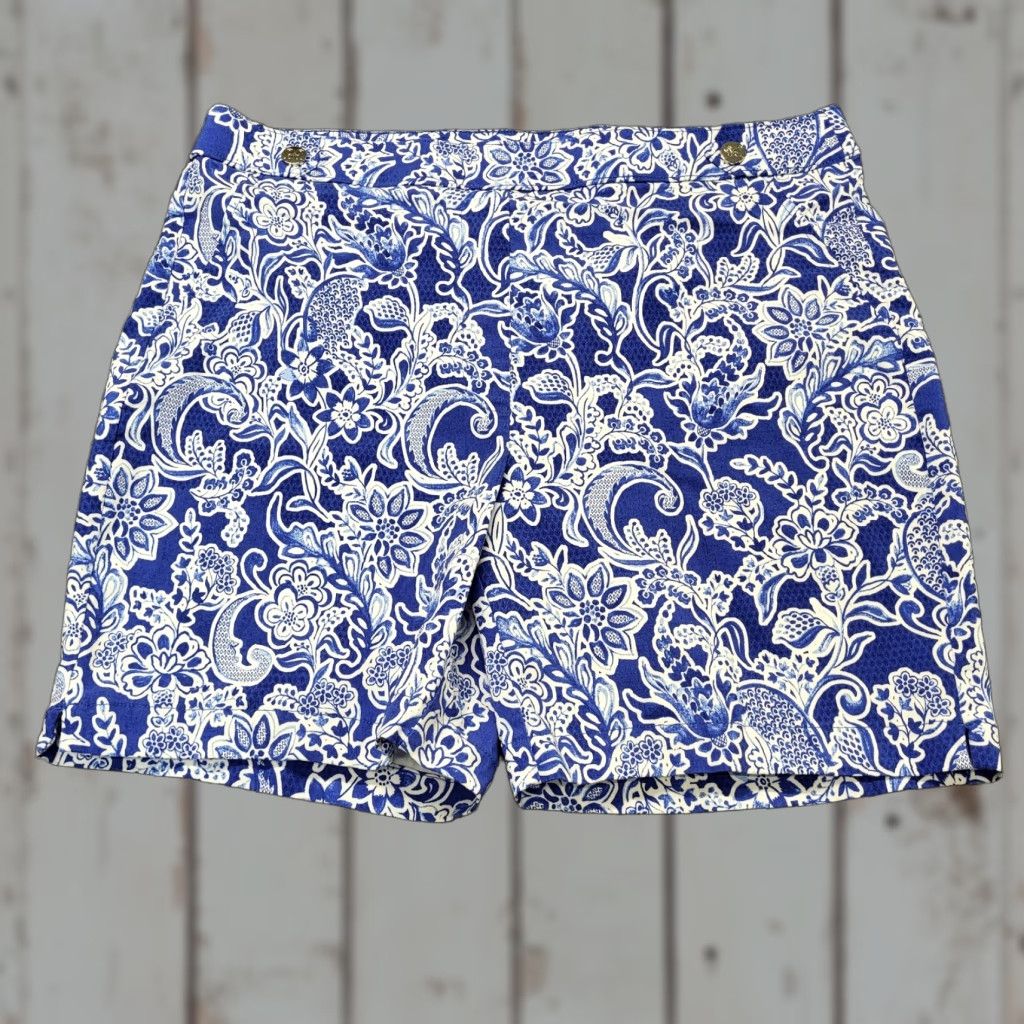 Vintage Rafaella Shorts Bermuda Floral Abstract Artsy Paisley Blue Womens 16 Stretch Pocket Built-In Size 16 Regular Size 38" / US 16 / IT 52 - 1 Thumbnail