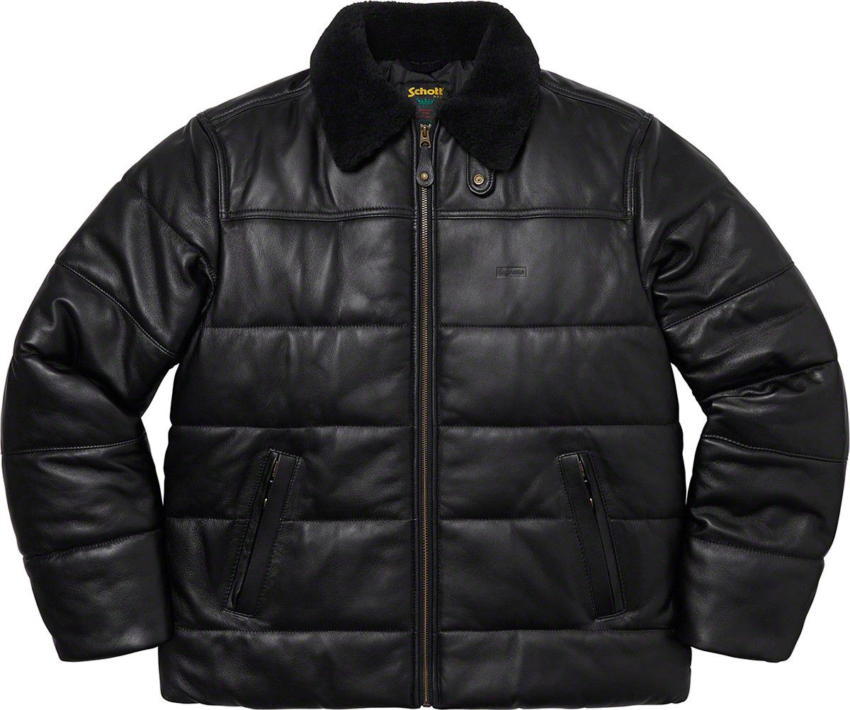image of Schott Shearling Collar Leather Puffy Jacket Black M, Men's (Size Medium)