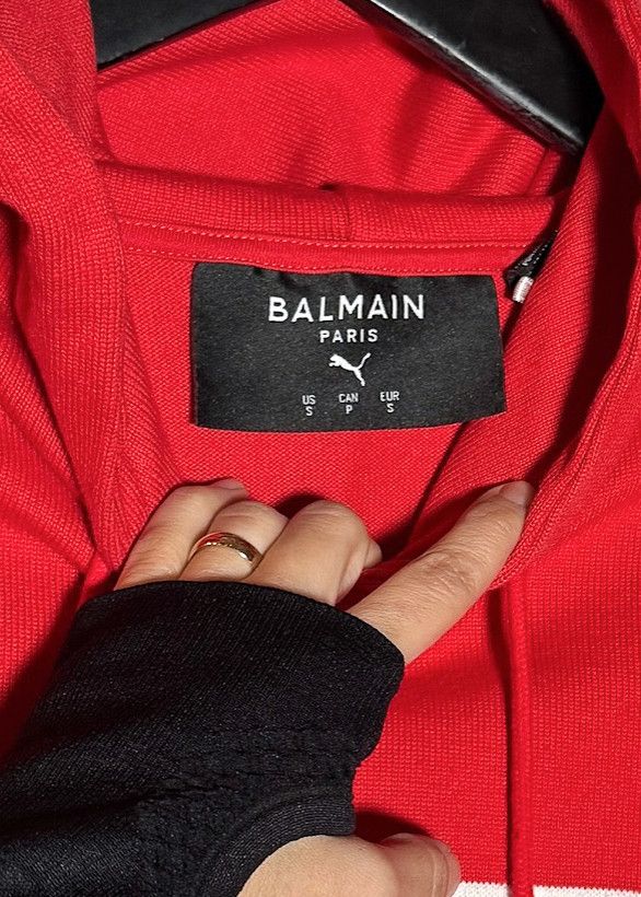 Balmain × Puma Balmain X Puma Red Striped Embroidered Distressed Hoodie Size US S / EU 44-46 / 1 - 5 Thumbnail