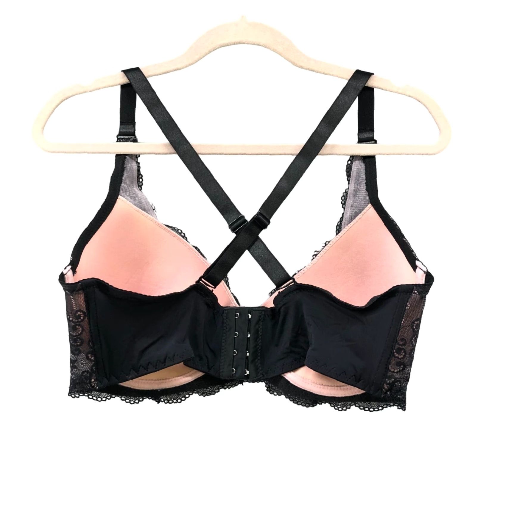 Vintage Prima Valentina Plunge Bra Lace Layer Black Blush Pink 40DD Racerback Lined Underwired T-Shirt Bra Womens Size ONE SIZE - 2 Thumbnail