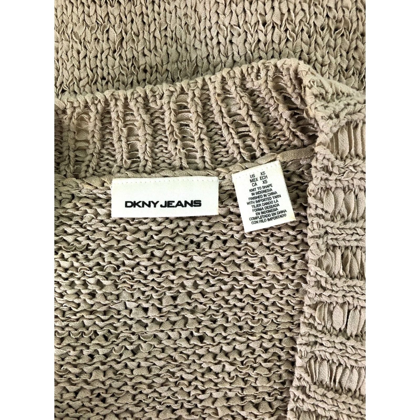 DKNY DKNY Ribbon Weave Knit Sweater XS Tan Plunge V-Neck 3/4 Sleeve Boho Y2K Cottage Bohemian Designer Womens XS Tan DKNY Ribbon Weave Knit Sweater Size XS / US 0-2 / IT 36-38 - 4 Thumbnail