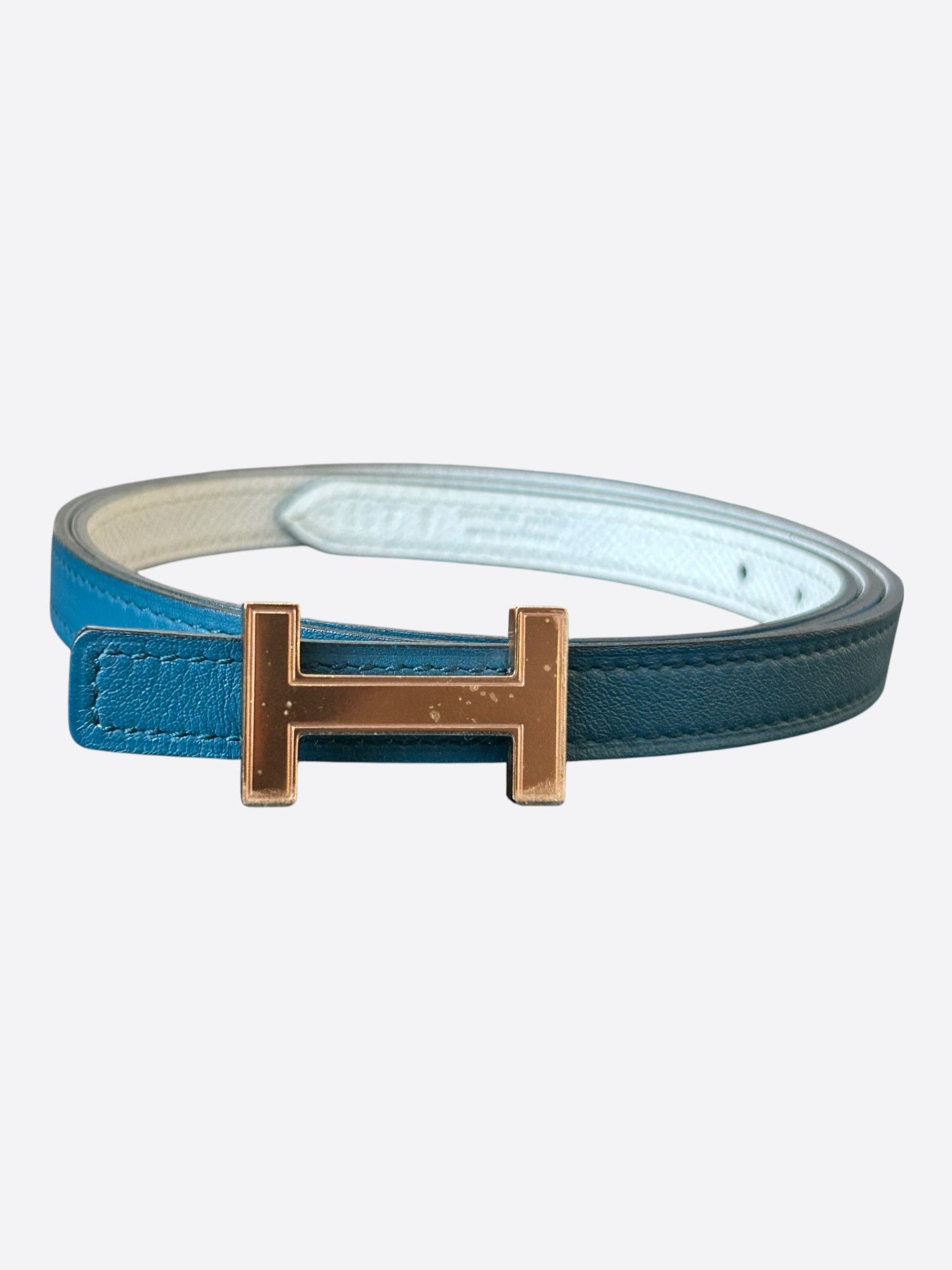 Hermes Hermes Blue & White Rose Gold Mini Constance Belt Size 30 - 1 Thumbnail