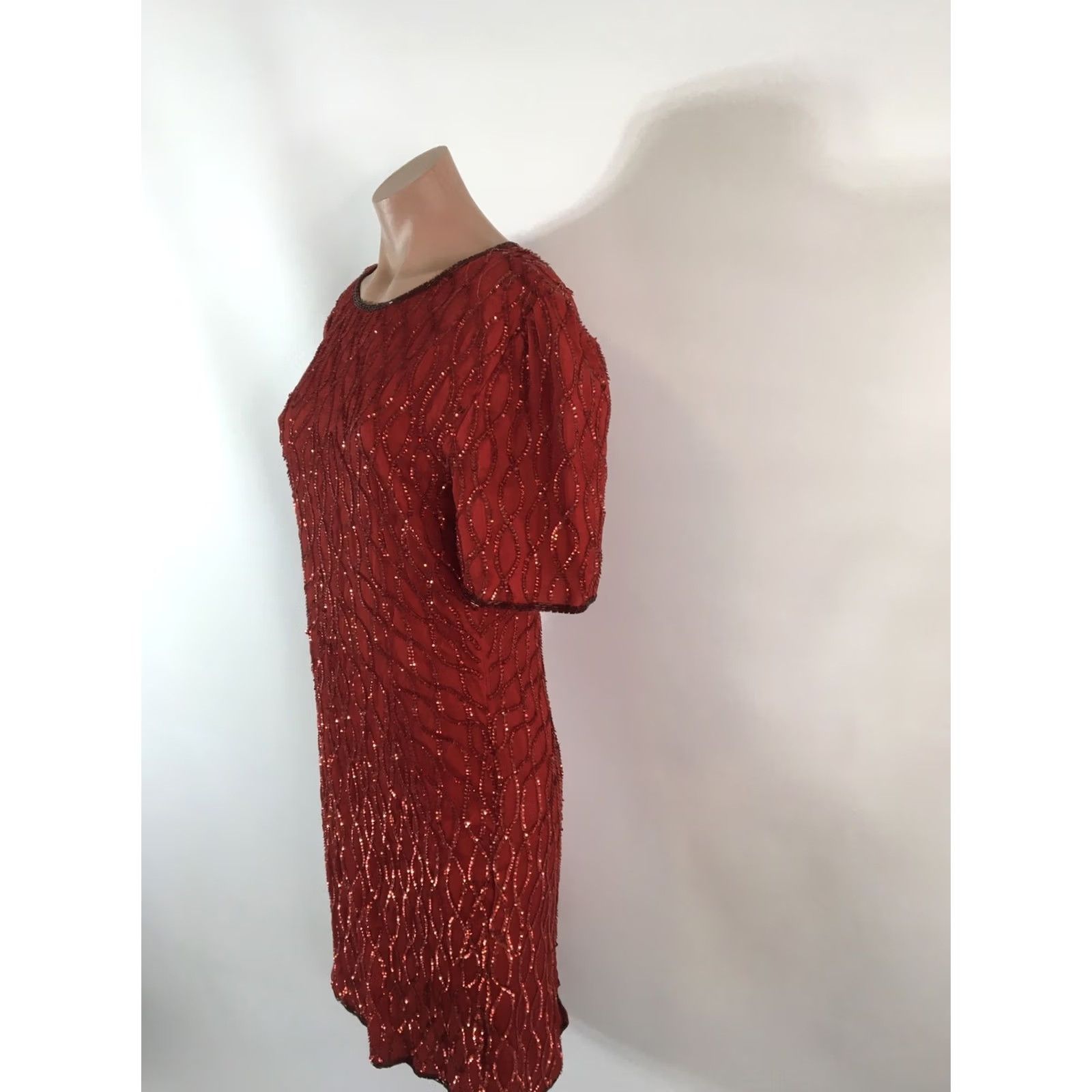 Vintage Laurence Kazar Red Sequined Silk Mini Petite Dress Beaded Trim Cocktail Party L Size L / US 10 / IT 46 - 6 Thumbnail