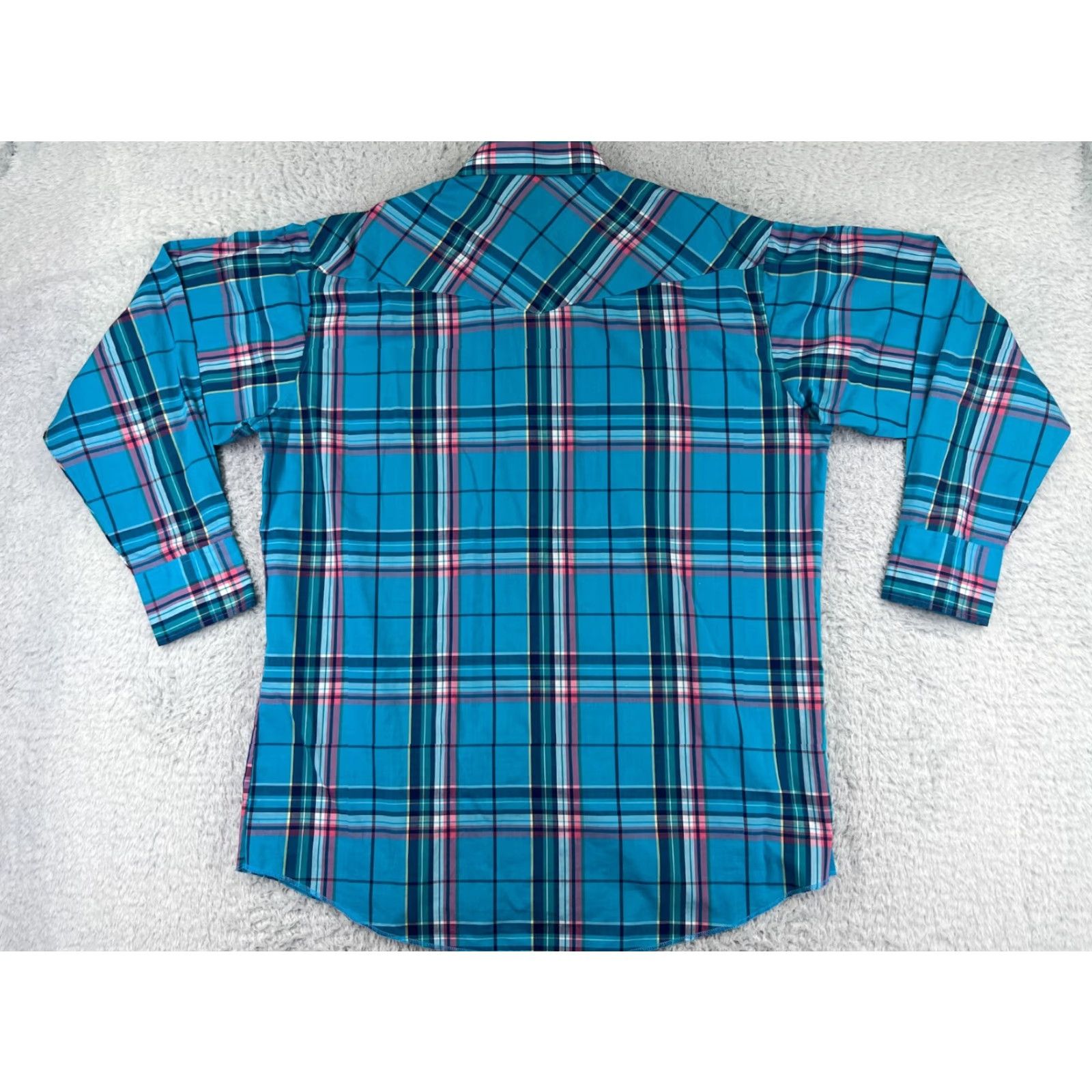 Wrangler Wrangler Shirt Mens Blue Plaid 17.5 Polyester Western Pearl Snap X-Long Tails Button-Up Size US XXL / EU 58 / 5 - 2 Thumbnail