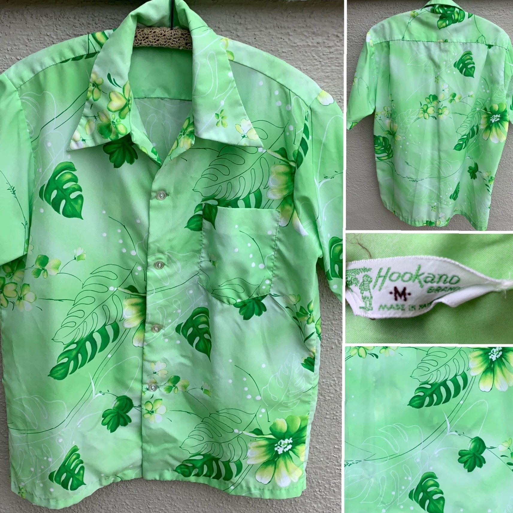 J Brand VINTAGE Hookano Hawaiian Shirt Men M Green Floral Short Sleeve Button-Up 100% Polyester Tiki Aloha Size US M / EU 48-50 / 2 - 6 Thumbnail